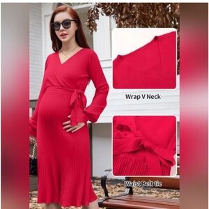 V FOR CITY Maternity Sweater Dress Women Wrap V Neck Pleated A Line Waist New